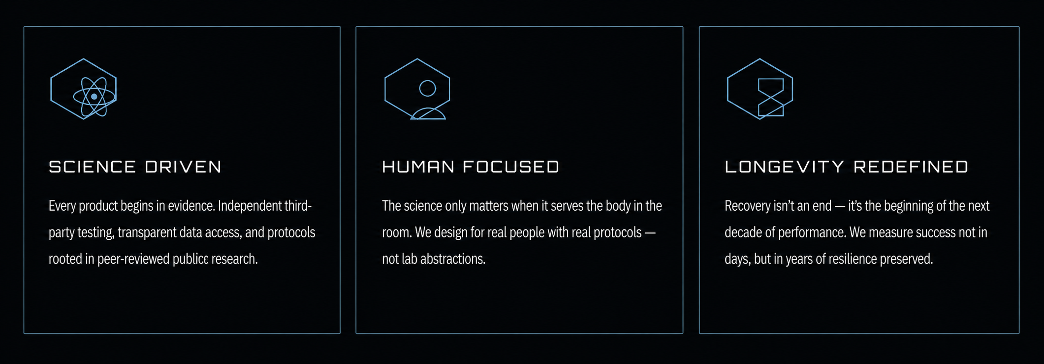 Resilience Peptides — Pillars: Science Driven, Human Focused, Longevity Redefined